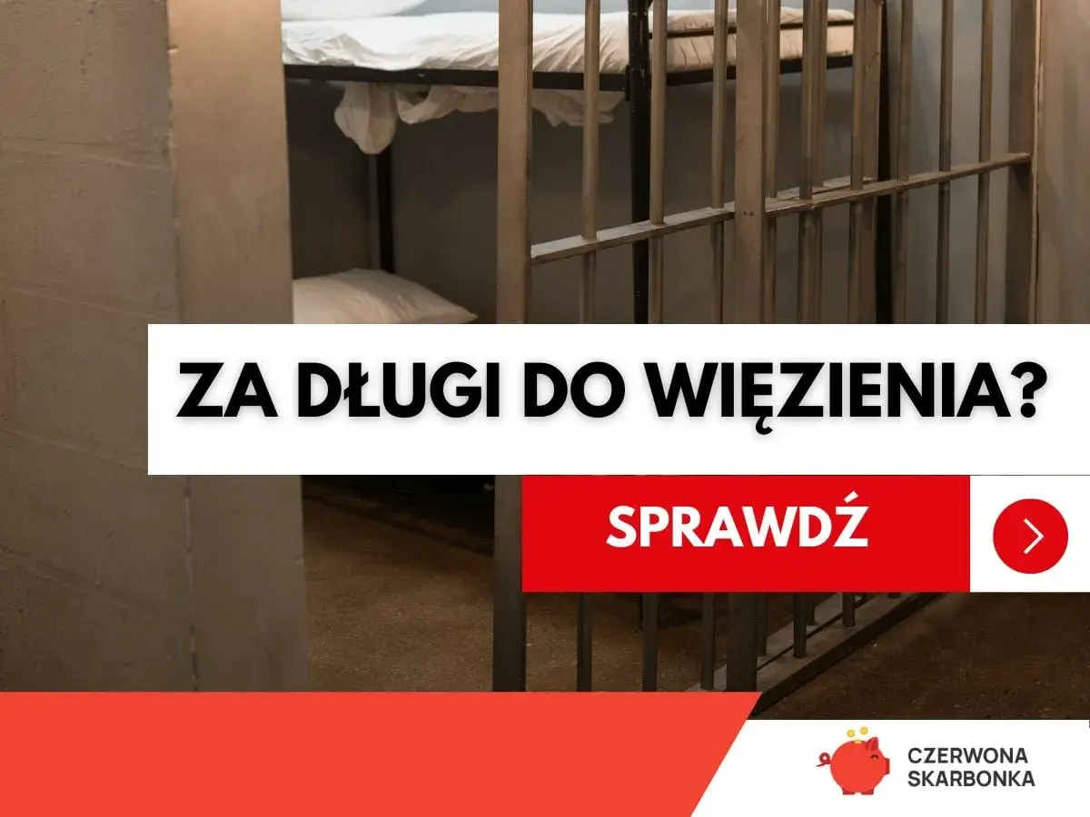 Wnętrze celi więziennej z łóżkiem piętrowym. Napis: "Za długi do więzienia?". Sprawdź!