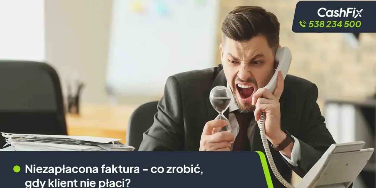 Zirytowany mężczyzna trzyma klepsydrę, dzwoniąc do firmy CashFix. Długi firmy mogą być frustrujące.