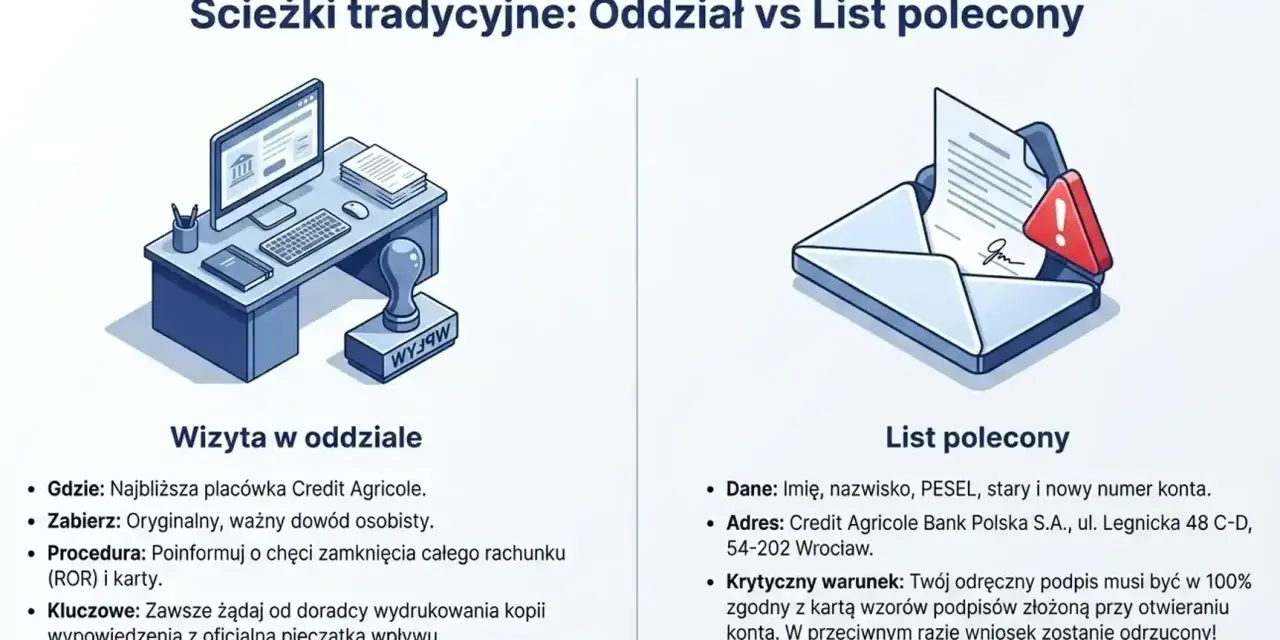 Ilustracja porównuje wizytę w oddziale Credit Agricole z listem poleconym. List polecony może spowodować blokadę na rachunku, jeśli podpis nie będzie zgodny.
