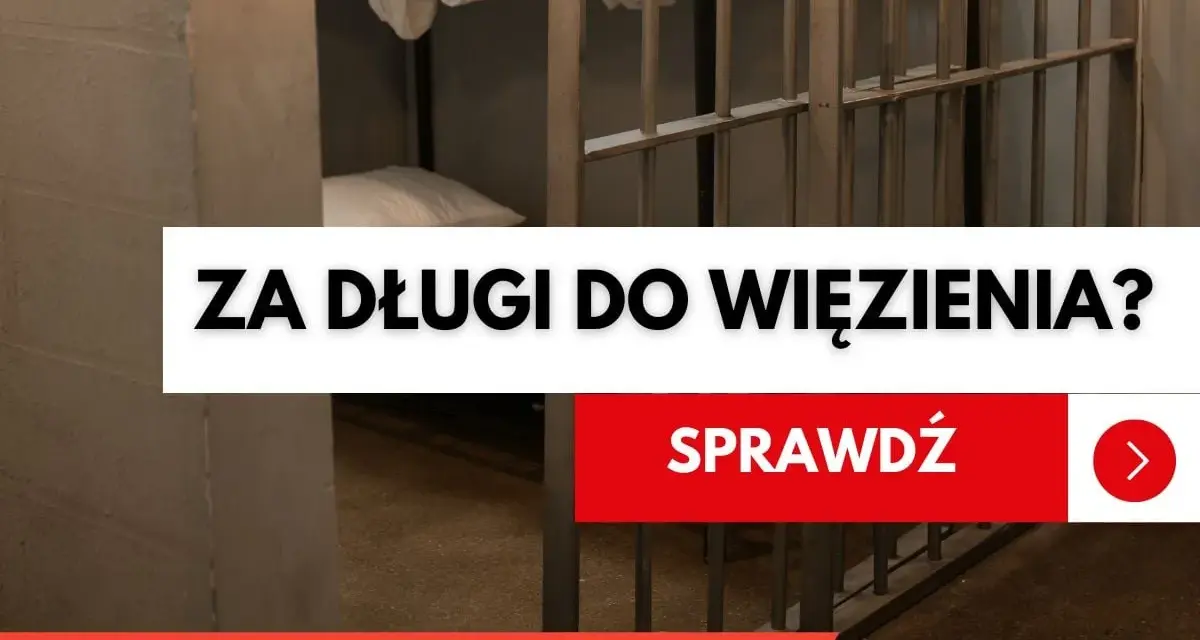 Wnętrze celi więziennej z łóżkiem piętrowym. Napis: "Za długi do więzienia?". Sprawdź!