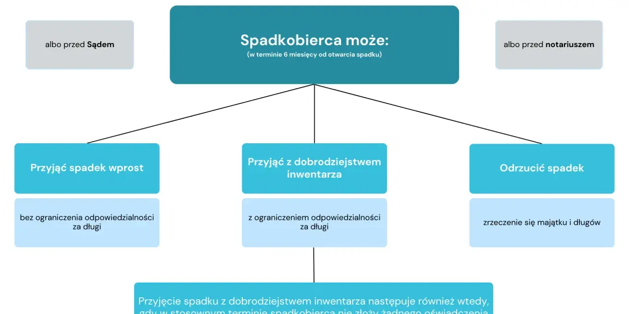 Czy można zrzec się długów po rodzicach za życia? Schemat pokazuje opcje spadkobiercy: przyjąć spadek wprost, z dobrodziejstwem inwentarza lub odrzucić.