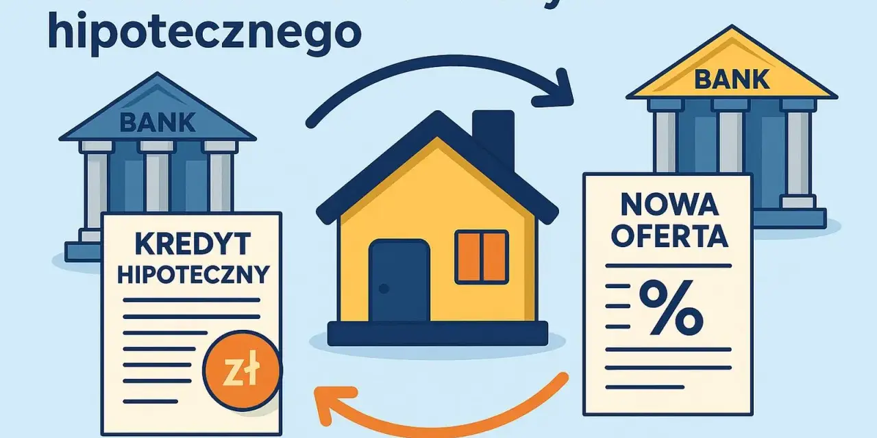 Ilustracja pokazuje, czy można przenieść kredyt do innego banku. Dom połączony strzałkami z dwoma budynkami banków i ofertą.