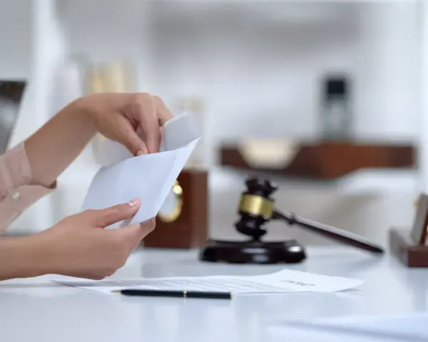 Dłoń otwiera kopertę na biurku z młotkiem sędziowskim i dokumentem "contract". Czy alimenty się przedawniają?
