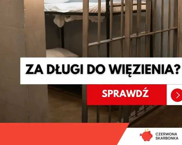 Wnętrze celi więziennej z łóżkiem piętrowym. Napis: "Za długi do więzienia?". Sprawdź!