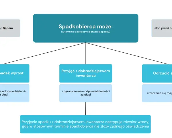 Czy można zrzec się długów po rodzicach za życia? Schemat pokazuje opcje spadkobiercy: przyjąć spadek wprost, z dobrodziejstwem inwentarza lub odrzucić.