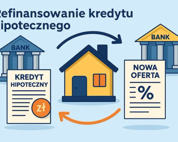 Ilustracja pokazuje, czy można przenieść kredyt do innego banku. Dom połączony strzałkami z dwoma budynkami banków i ofertą.