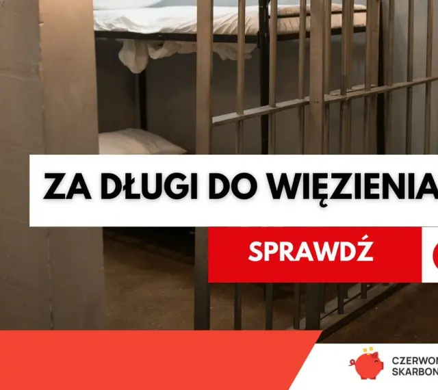 Wnętrze celi więziennej z łóżkiem piętrowym. Napis: "Za długi do więzienia?". Sprawdź!