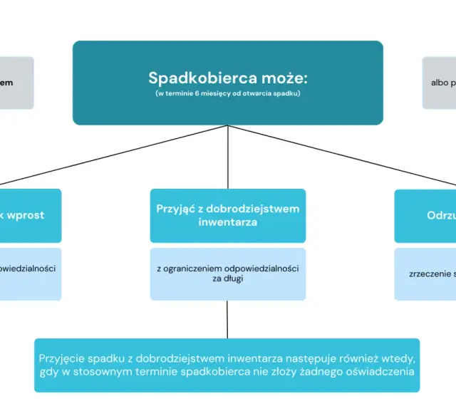 Czy można zrzec się długów po rodzicach za życia? Schemat pokazuje opcje spadkobiercy: przyjąć spadek wprost, z dobrodziejstwem inwentarza lub odrzucić.