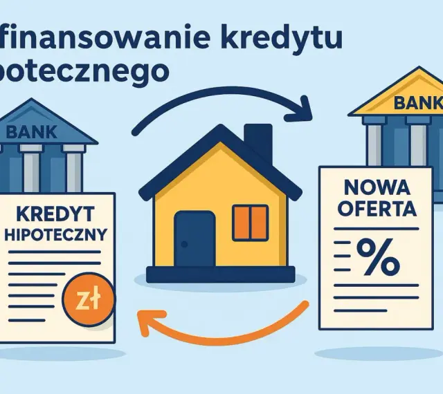 Ilustracja pokazuje, czy można przenieść kredyt do innego banku. Dom połączony strzałkami z dwoma budynkami banków i ofertą.
