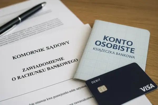 Dokumenty komornicze, książeczka "Konto Osobiste" i karta debetowa. Szybko komornik znajdzie nowe konto, gdy dane są aktualne.