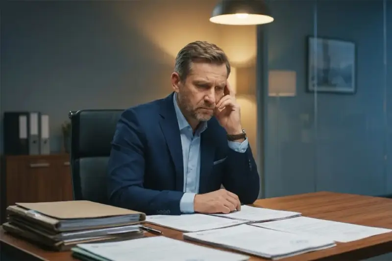 Zamyślony prezes spółki z o.o. przy biurku, zastanawia się, czy odpowiada swoim majątkiem.