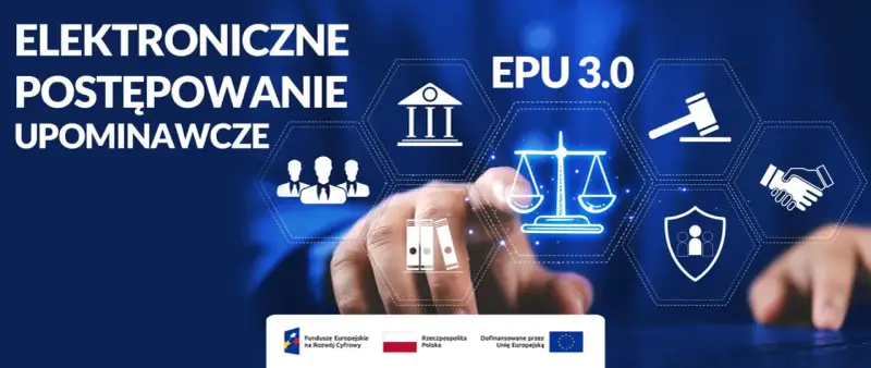 Elektroniczne postępowanie upominawcze (e-sąd) to cyfrowa ścieżka do złożenia pozwu o zapłatę. Grafika przedstawia symbole prawa i sprawiedliwości.