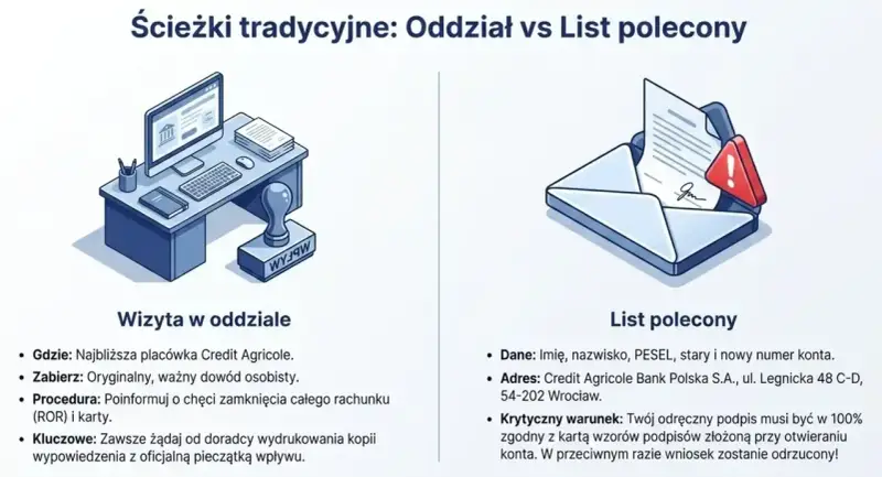 Ilustracja porównuje wizytę w oddziale Credit Agricole z listem poleconym. List polecony może spowodować blokadę na rachunku, jeśli podpis nie będzie zgodny.