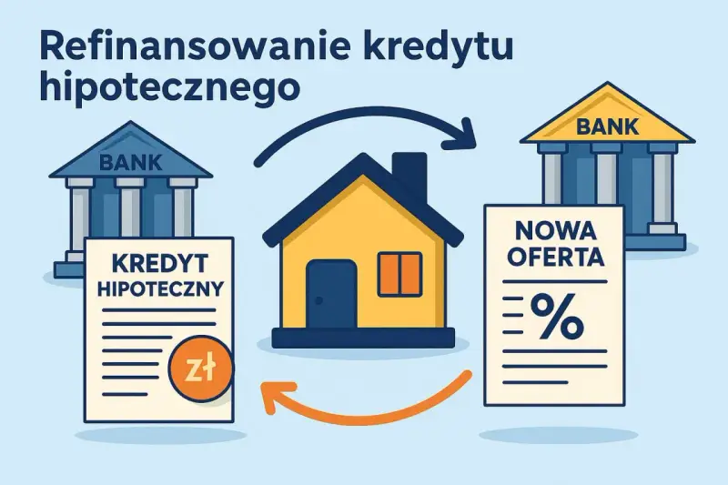Ilustracja pokazuje, czy można przenieść kredyt do innego banku. Dom połączony strzałkami z dwoma budynkami banków i ofertą.